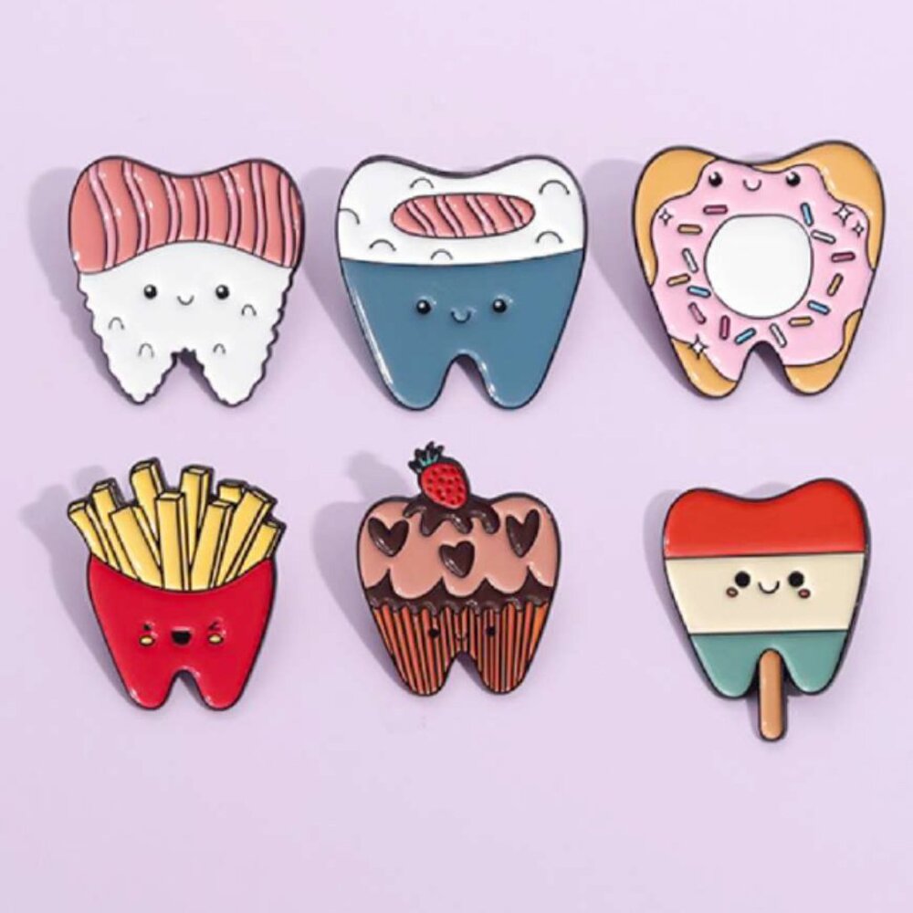 6pcs Cute Teeth Fries Ice Cream Donut Chocolate Lapel Enamel Pin